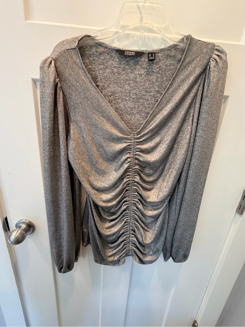 Dennis Basso Small Gray Ruched V Neck Long Sleeve Stretch Top